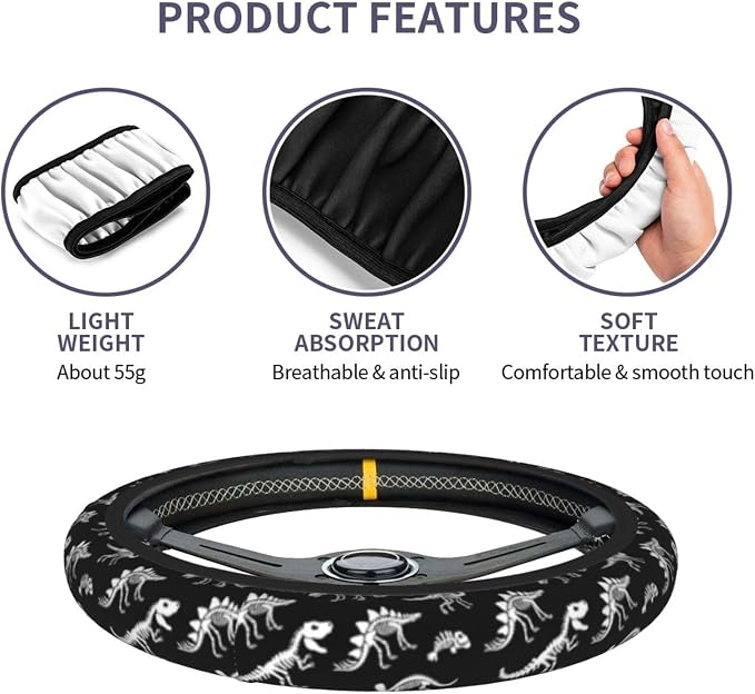Dinosaur Skeleton Fossil Primitive Halloween Steering Wheel Cover Car Accessories Cute for Women Girls Girly Universal 15 Inch Neoprene Auto Interior Decor Anti Slip Car Truck Protector