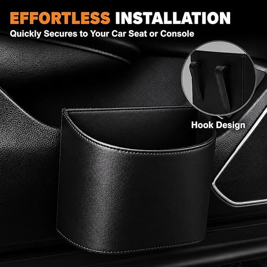 Leather Car Trash Can – Leakproof & Easy-to-Clean Car Garbage Can for Luxury Cars, SUVs & Trucks | Includes 60 Custom Liners, Secure Hook, Easy Install, Black