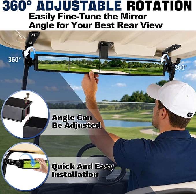 No Drill Golf Cart Rear View Mirror for Club Car EZGO Yamaha No Blind Spot | 4 Panel 160° Wide View, Reduce Shake, 360° Adjustable Rotation, Fit 0.75/1/1.25 inch Square Tubes for Golf Course & Daily Use