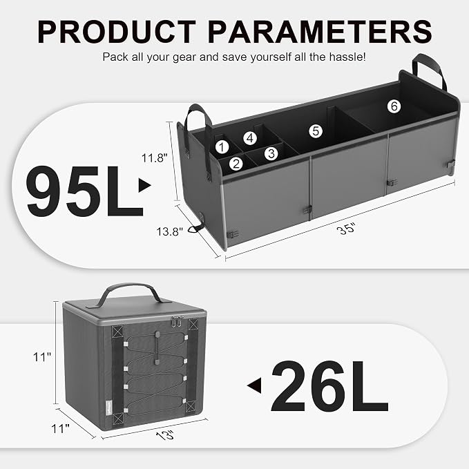 Bold Color Block Trunk Organizer | 95L, 35"x13.8"x11.8" | Dedicated Shoe Storage & 26L Ice Pack | Foldable for SUV/Car/Jeep | Car Accessories for Men & Women - Gray-X212