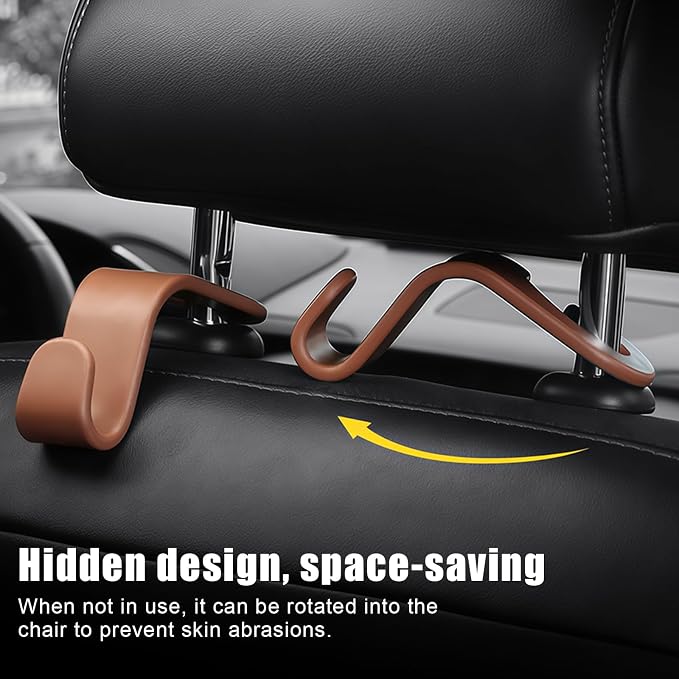 Purse Hook for Car, 4 PCS Car Purse Hook Headrest Hooks, 360° Rotatable Back Seat Storage Organizer, Universal Vehicle Seat Hanger for Purses, Handbags, Grocery Bags, Water Bottles, Brown