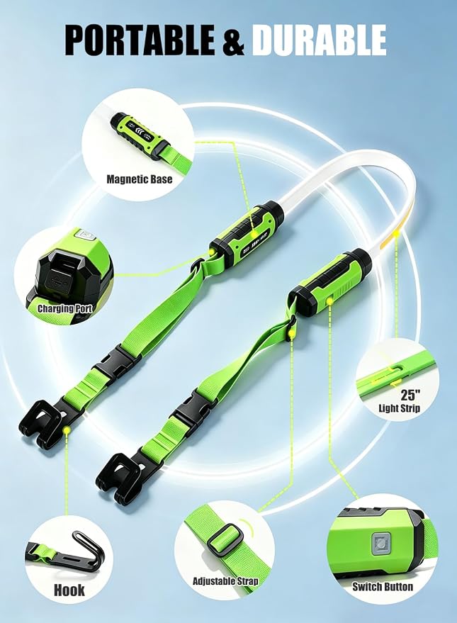 Foldable Underhood Work Light, 1500LM Ultra-Bright LED Mechanics Light Bar, 8000mAh Rechargeable Maintenance Light with Magnet & Hooks, Dual Color Temp, IP54 Waterproof for Car Repair, Garage, Green