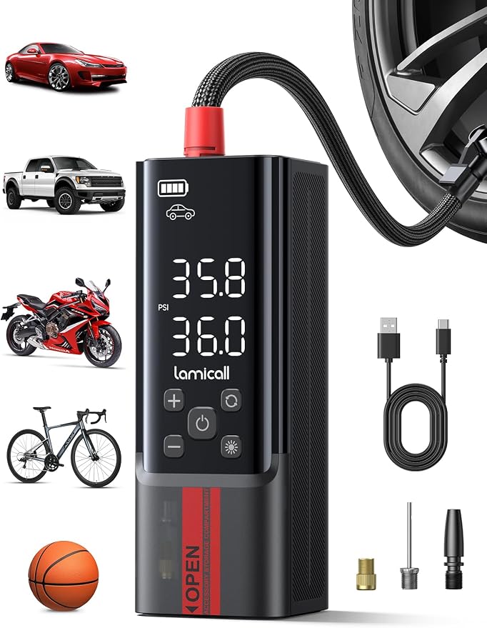 Portable Car Tire Inflator - Air Compressor [150 PSI] [4X Faster] Cordless Car Air Pump Rechargeable, Pressure Gauge Display, LED Light, for Cars, Motorcycles, Bike, Wheels Accessories Gifts