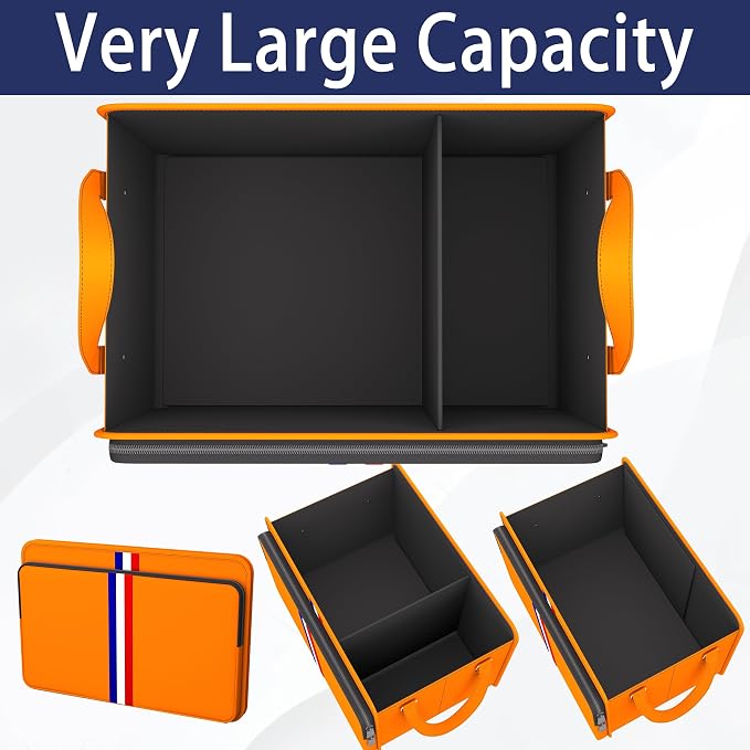 Trunk Organizer for Car, Waterproof Collapsible 3 Compartments Car Organizer, Foldable Storage for Car Accessories, Tools, Sundries for Women Men, Tote Bag (Orange, Standard)