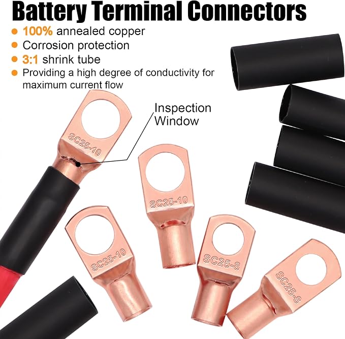 4 Gauge Wire (25 Feet Black+25 Feet Red) Copper Clad Aluminum Automotive Power Ground Cable Wire,20PCS Lugs Terminal Connectors,Heat Shrink Tubing,100A ANL Fuse with Cable Cutter
