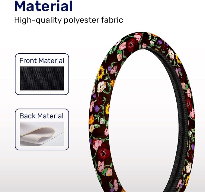Vintage Floral Music Steering Wheel Cover, Polyester Car Wheel Grip, Universal 15 Inch for Cars SUVs Trucks