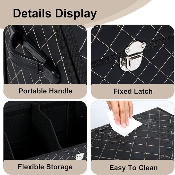 Trunk Organizer with Lid for Car Foldable Storage Box Heavy Duty PU Leather Cargo Organizer for SUV Sedan Waterproof (Black, Large)