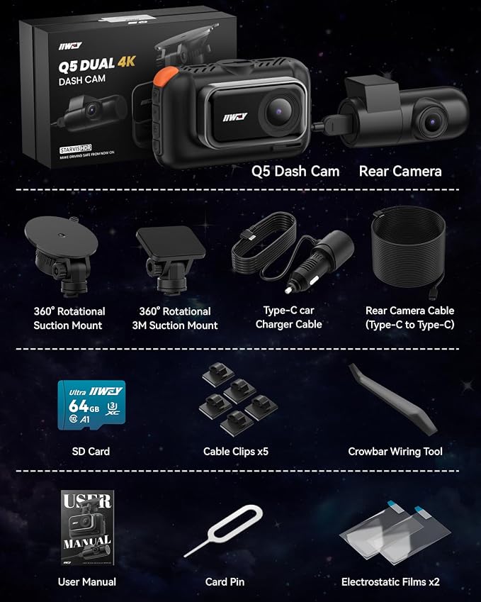 4K+4K Dash Cam Front and Rear, 5G Wi-Fi 64GB SD Card Included, STARVIS Dash Camera for Cars, 3 Inch IPS Screen, Dual Channel HDR Night Vision, 24H Parking Mode, 170° Widude Angle, G-Sensor