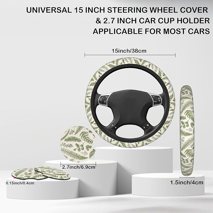 Leaves and Herbs Steering Wheel Cover with 2 Pcs Car Coasters Neoprene Steering Wheel Cover for Women Men Anti-Slip Breathable Car Accessories Universal 15 Inch Fit Auto Cars Trucks