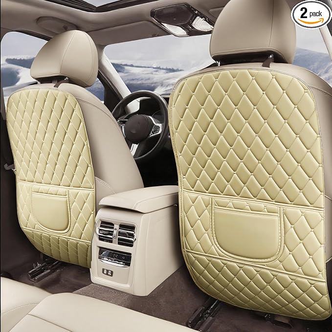 Leatherette Car Seat Protector - 2 Pack Large Car Kick Mats with Storage Organizer Seat Back Cover Against Dirty Shoes & Scratches, Universal Fit for Most Vehicles (Beige)