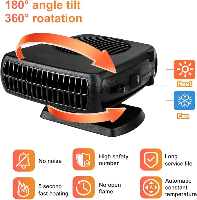 Car Heater 12V, 2 in 1 Portable Car Heater for Vehicle Fast Heating Quickly Defrost Defogger Demister Heat Cooling Fan Auto Dryer Windshield Defroster Plug in Cigarette Lighter (Black)