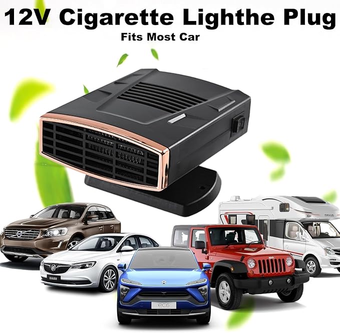 Portable Car Heater and Defroster, 12V Car Heater that Plugs into Cigarette Lighter, 200W Fast Heating Windshield Defroster Defogger, 360° Rotatable Car Heaters for Vehicle,RV,SUV(Black&Gold)