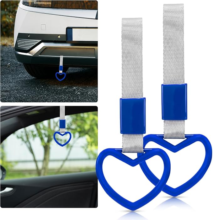 2 Pcs Heart Shaped Car Handle Strap – JD M Drift Charm Rear Bumper Warning Ring Decor for Car Interior Exterior, Subway Bus Handle Accessory, Cute Heart Car Decor Gift for Drivers (Blue-Silver)