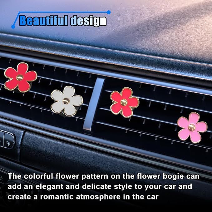 Cute Embroidery Flower Steering Wheel Cover, Non-Slip Floral Steering Wheel Protector with 4 PCS Flowers Car Air Vent Clips, Universal Car Interior Decorations for Women Girls