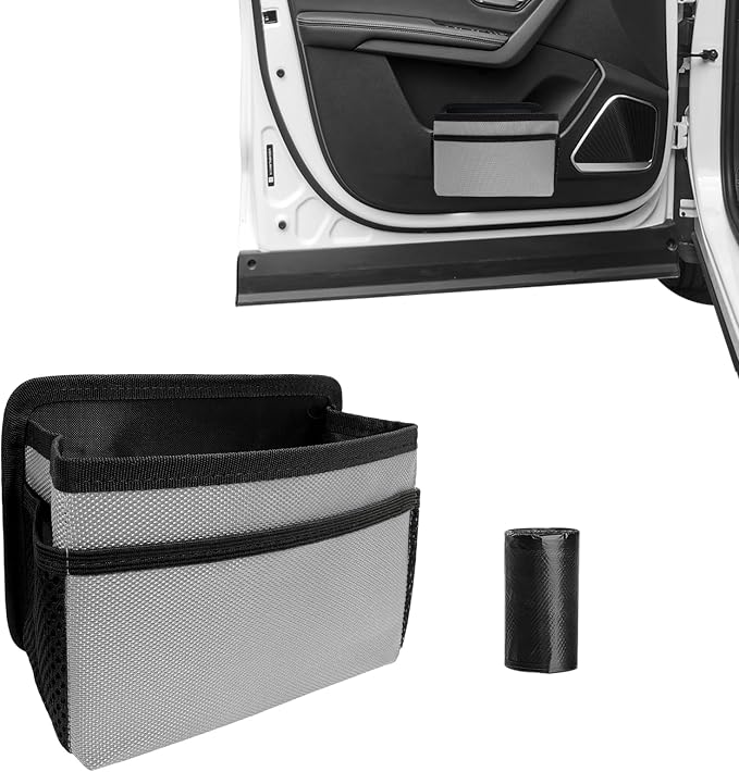 Car Trash Can, Foldable Multi-Pocket Design Auto Hanging Storage Container with Garbage Bags, Multifunctional Mini Oxford Storage Bag Garbage Holder for Cars SUVs Trucks (Gray)