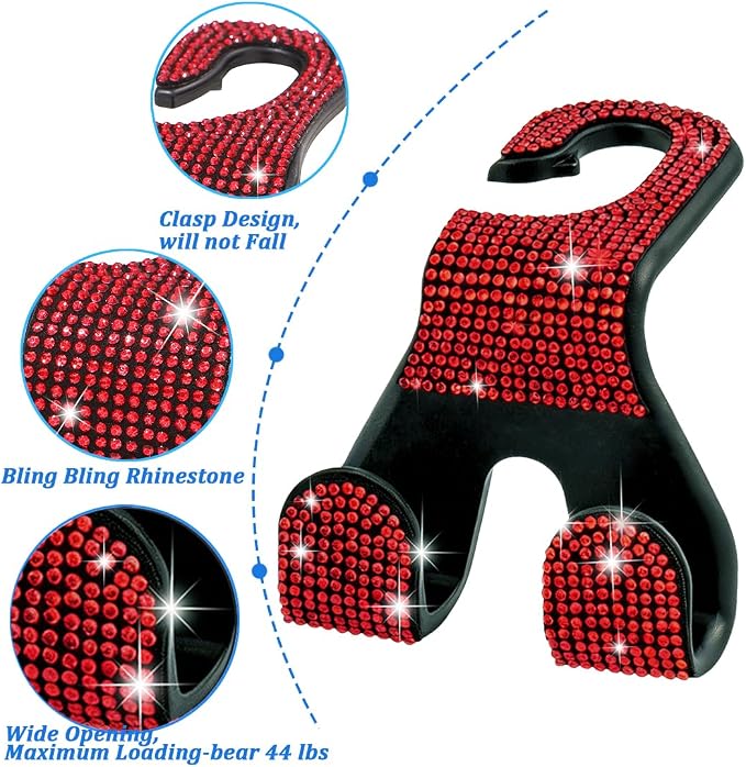 Bling Car Purse Hooks 2Pcs, Durable Car Headrest Hook, Holds 44Lbs, Double-Hooks, Wide-Opening, Rhinestone Automobile Purse Hangers Holder, Bling Car Accessories for Women, Red