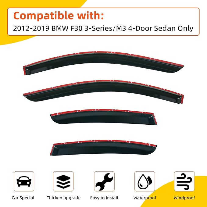 Rain Guards Compatible with 2012-2019 BMW F30 3-Series 4-Door Sedan M3 318 320 325 328 330 335 340 i d xdrive e Tape-On Side Window Visor Wind Deflector Vent Visors Car Accessories