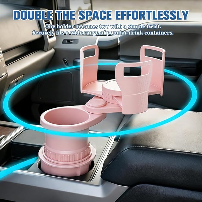 Car Cup Holder Expander, 2 in 1 Multifunctional 360° Rotating Water Bottles Holder Extender Adapter with Adjustable Base, Automotive Insert Drink Cup Adapter, Universal for Vehicles (Pink)
