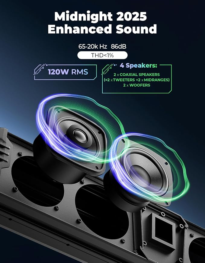 2025 Midnight 60 26-inch UTV Sound Bar, IP66 Waterproof Golf Cart Sound Bar, ATV Speaker Bluetooth with RGB, SxS Soundbar Compatible with Polaris RZR Can-Am w/ 1-2 in Roll Bar