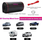 Genuine Leather Steering Wheel Cover, Stitch on Wrap, Breathable Anti-Slip Car Steering Wheel Protector for Max Diameter 15 Inch, DIY Sewing with Needles Thread (Black/Red Line, Glossy)