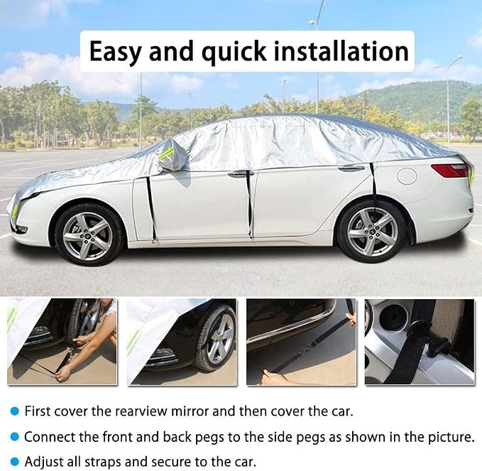 Half Car Cover Windshield Cover Car Body Cover for All Season Sunshade Cover Snow Cover Waterproof 210D Polyester with Cotton (Fit Sedan)