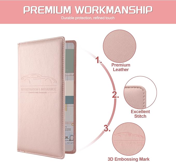 2Pack Car Registration and Insurance Holder,Car Document Holder for Cards License with Magnetic Shut,Vehicle Glove Box Car Organizer for Documents, Cards, License(Pink)