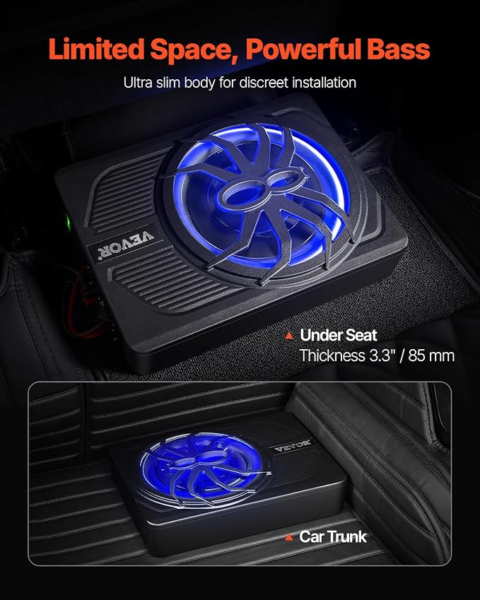 10" 440W Underseat Car Subwoofer, Slim Powered Car Subwoofers with Blue Ambient Light, Low Profile Audio Sub Under The Seat with Built-in Amplifier, Remote Controller for SUVs, Car, Truck, RV