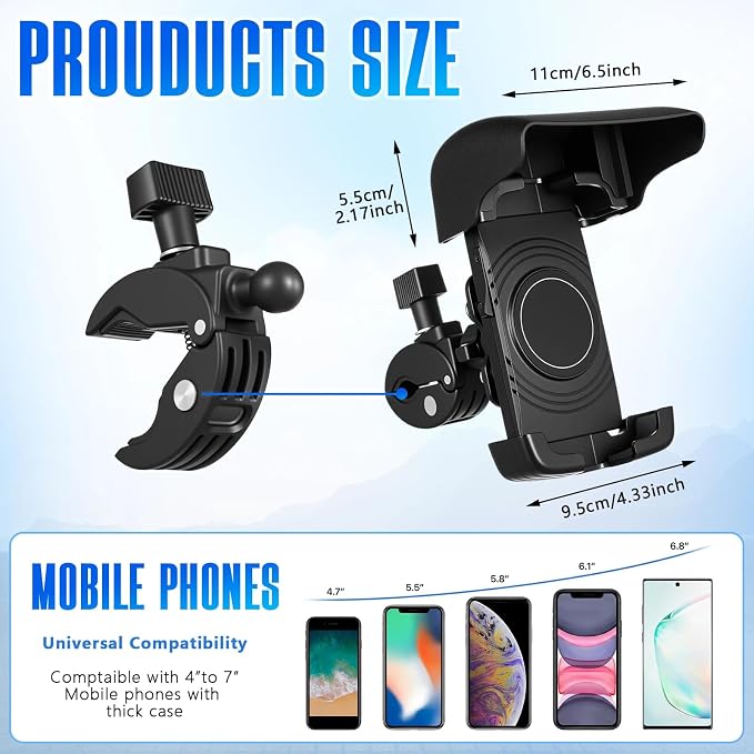 1 Pack Boat Phone Holder, Marine Cell Phone Holder with Sunshade, Black 360 Degree Adjustable Knob Crab Clamp, Smartphone Accessory for Boat Rail, Car, Cycling, Pontoon and Outdoor Use