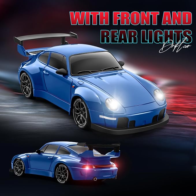 RC Drift Car, 1:24 Remote Control Car for Kids, 20KM/H 4WD High Speed RC Cars with LED Lights, Two Batteries, Extra Drifting Tires, Vehicle for Adults Boys Girls, Blue