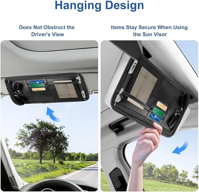 Car Visor Organizer for Ford Mustang 2024 2025 2026 | Auto Sun Visor Storage Bag Pocket Card Holder Sunglass Clip PU Leather Premium Accessory, 1 Piece
