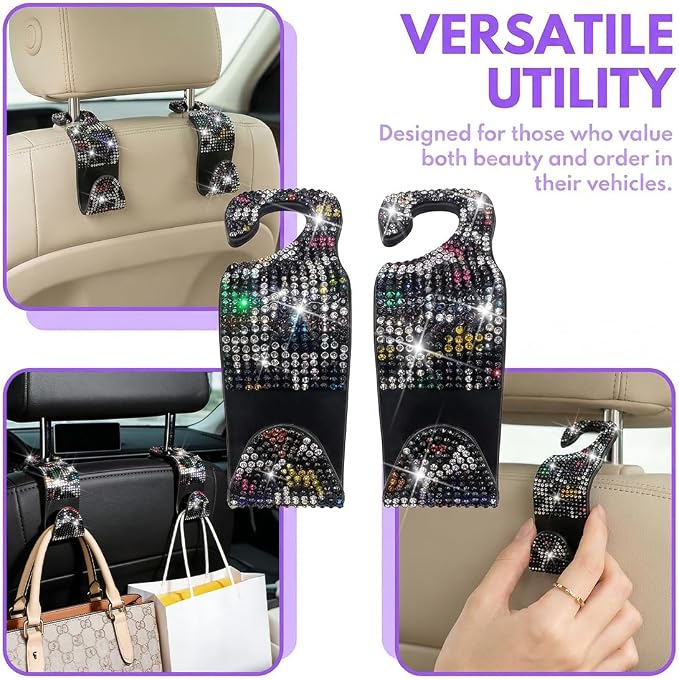 Bling Car Seat Headrest Hooks, 2PCS Leopard Print Backseat Storage Hanger Hooks for Women, Automotive Interior Rear Headrest Decoration Organizers, Universal for Vehicles (Multicolor)