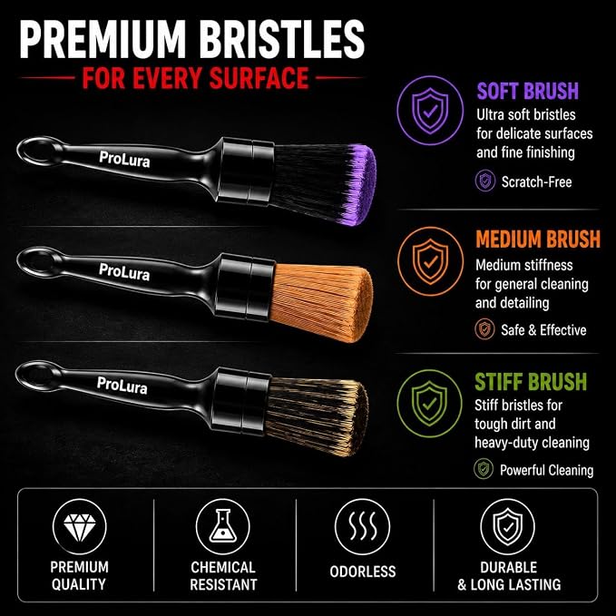 6PCS Car Detailing Brush Set - 2 Boar Hair Brushes, 2 Ultra Soft No-Scratch Brushes & 2 Medium Detail Brushes for Car Interior & Exterior Cleaning | Car Detailing kit