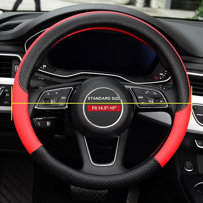 Steering Wheel Cover, Universal Fit 15 Inch Microfiber Leather Car Wheel Protector, Anti-Slip, Red
