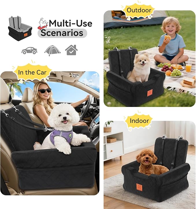 Dog Car Seats for Small/Medium Dogs, Elevated Memory Foam Dog Booster Seat, Detachable Washable Pet Car Seat with Safety Belts & Storage Pockets (Black)