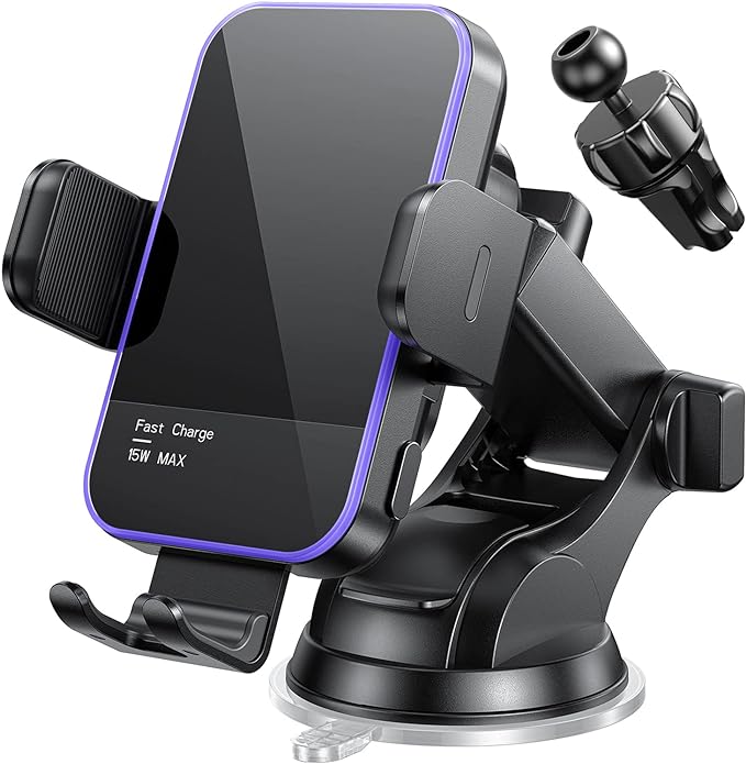 Wireless Car Charger,【7 Colored RGB Backlit】 15W Auto Clamping Phone Holders for Your car fit for iPhone 16 15 14 Mini Pro Max, Samsung Galaxy S25 Ultra S24 S23+, etc, Fathers Day for Gifts