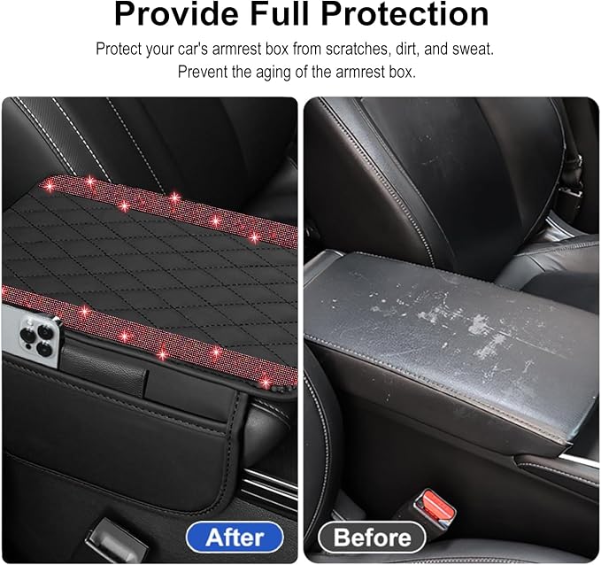 Bling Car Center Console Cover, Leather Car Arm Rest Cover Cushion with 2 Storage Bags, Universal Automotive Armrest Protector Storage Box, Bling Accessories Interior for Most Vehicles (Red)