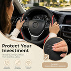 Steering Wheel Cover Black and Red Leather Universal 14.5-15 inch | Carbon Fiber Car Steering Wheel Covers with Coasters Microfiber Breathable Anti-Slip Steering Wheel Accessories Set