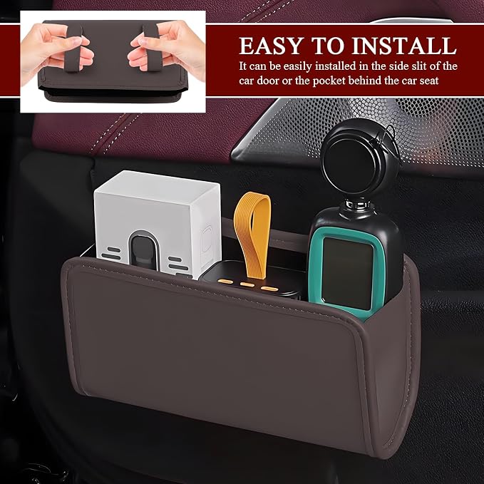 Car Trash Can, Leather Waterproof Automotive Garbage Can with Trash Bag, Hanging Mini Vehicle Trash Bin, Small Auto Door Organizer Storage Pouch, Universal Car Accessories (Brown)