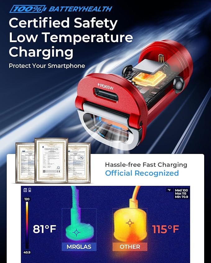 【Upgraded】 125W USB C Car Charger Super Fast Charging for iPhone 16, [PD65W & QC60W][All Metal] Cigarette Lighter Car Charger,Dual Port for iPhone 16 15 Pro iPad Samsung S25 S24 MacBook-Red