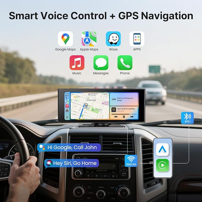 Wireless Car Play Screen, 10.26'' Monitor with Apple Carplay & Android Auto, 4K Dash Cam 64G, 1080P Backup Camera, Portable Smart Touch Tablet Stereo Multimedia Dashboard, Bluetooth/FM/GPS/AUX