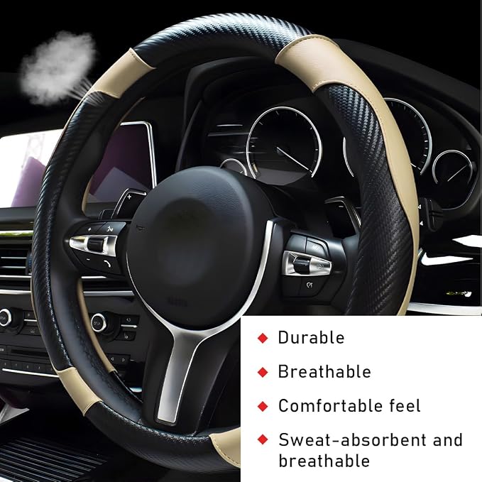 Car Steering Wheel Cover, 15 Inch Leather Breathable Auto Steering Wheel Protector, Comfortable Non-Slip Vehicle Steering Wheel Covers, Universal Car Accessories (Beige, with Lining)