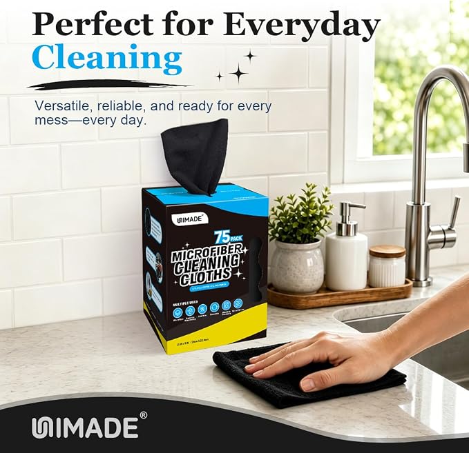 Microfiber Cleaning Cloth, 75 Sheets Microfiber Towels for Cars Commercial Grade Washcloths Lint-Free Bulk Shop Towel Cleaning Rags for Household Restaurant Garage Housekeeping, 11"x 9", Black