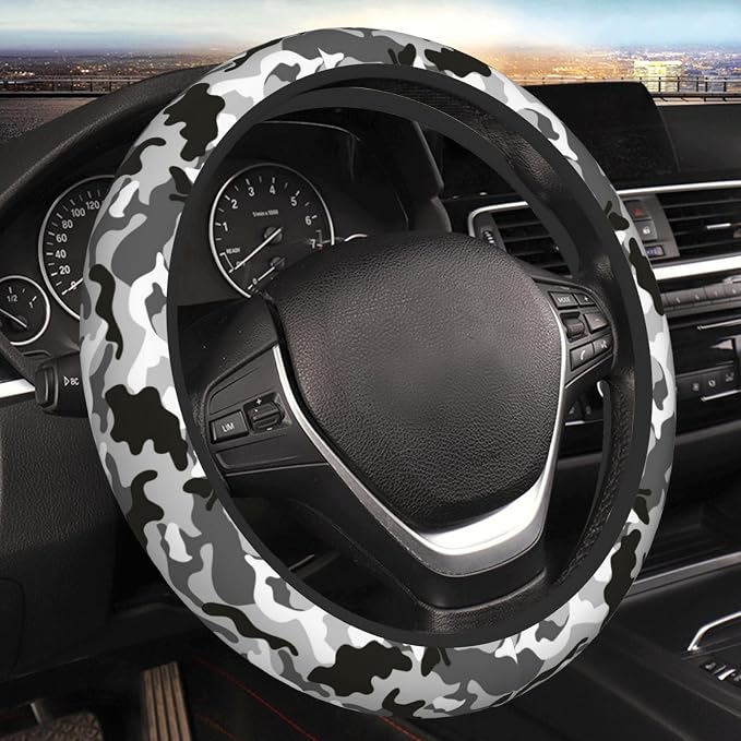 Black Grey White Camo Camouflage Steering Wheel Cover for Women Men Girls Car Accessories Decor Anti-Slip Neoprene Auto Steering Wheel Covers Protector Universal 15 Inch