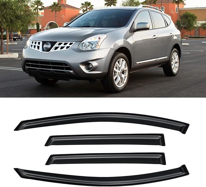 Rain Guards for 2009-2013 Nissan Rogue, Out-Channel Window Visor Shields Vent Deflector Shade Wind Dark Smoke for 2014-2015 Rogue Select SV SL S Krom 2010 2011 2012, Tape-On Outside-Mount, 4PCS