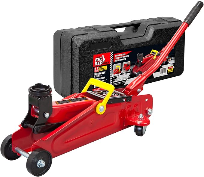 T820014S Torin Hydraulic Trolley Service/Floor Jack with Blow Mold Carrying Storage Case, 1.5 Ton (3,000 lb) Capacity, Red