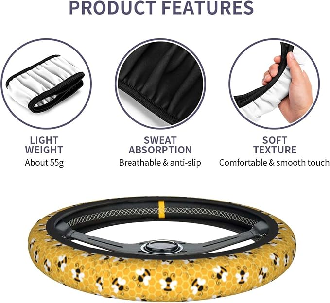 Yellow Cute Bee Insects Cartoon Steering Wheel Cover Car Accessories Cute for Women Girls Girly Universal 15 Inch Neoprene Auto Interior Decor Anti Slip Car Truck Protector