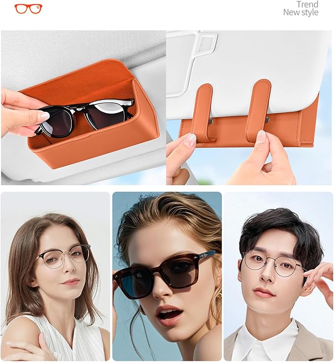 Universal Car Sunglasses Holder for Sun Visor, Premium Magnetic Leather Eyeglass Hanger Clip & Visor Organizer, Large Capacity Car Interior Accessories Fit for Women Men Beige