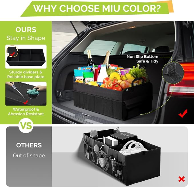 Trunk Organizer for SUV, Collapsible Car Organizer, 12 Pockets Trunk Organizer for Car, Non-Slip Trunk Storage Organizer for Sedans, Van, Grocery, Large 3 Compartments 32"×13"×12"