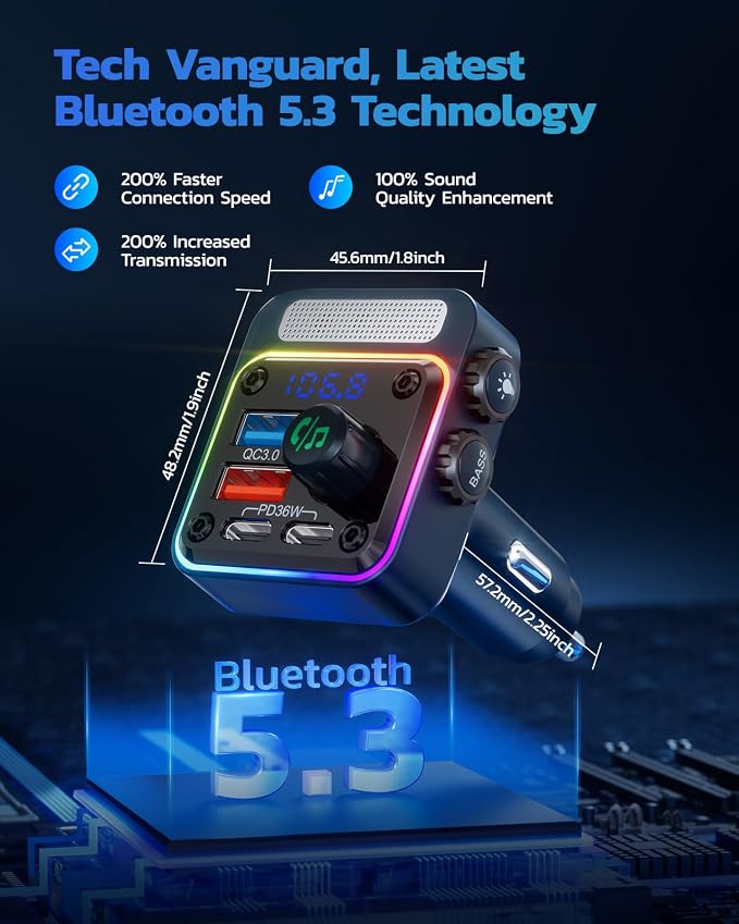 54W Bluetooth 5.3 Car Adapter with 4 Charging Ports [PD 36W & QC3.0 18W], Wireless Radio FM Transmitter with Deep Bass Player & 5 Colors LED Backlit, Hands-Free Calling - Blue