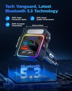 54W Bluetooth 5.3 Car Adapter with 4 Charging Ports [PD 36W & QC3.0 18W], Wireless Radio FM Transmitter with Deep Bass Player & 5 Colors LED Backlit, Hands-Free Calling - Blue